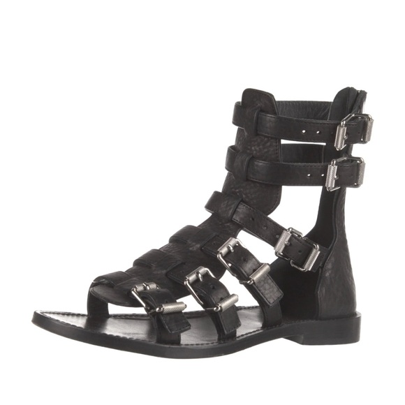 Zadig & Voltaire Capri Crush Black Leather Gladiator Sandals Size 38 - Picture 1 of 12